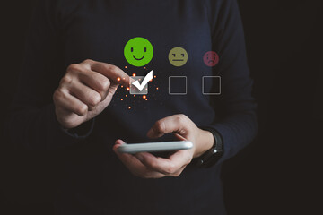 Customers evaluate satisfaction service by smartphone, caring and paying attention to service...
