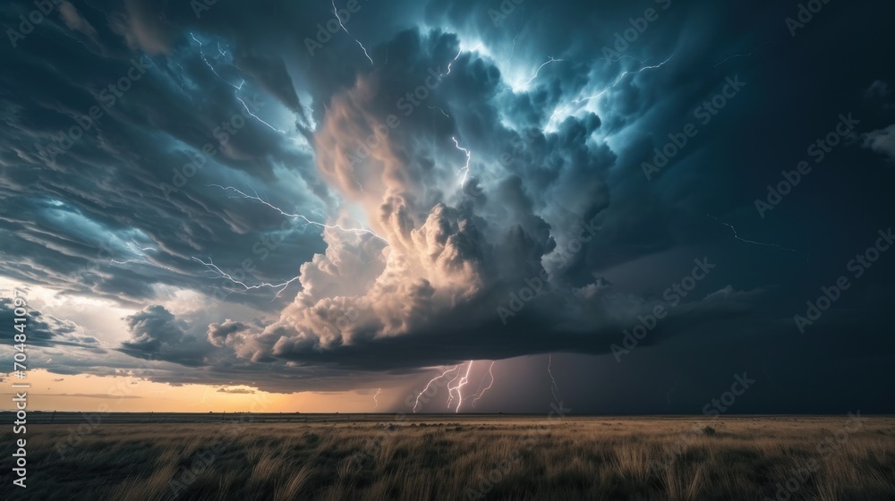 Poster a large cloud with a lightning bolt coming out of it's center surrounded by a field of tall grass.