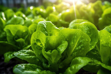 Close up of lettuce grown in greenhouse with drip irrigation hose system.