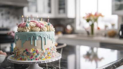  a cake sitting on top of a counter covered in frosting and sprinkles with candles on top of it.