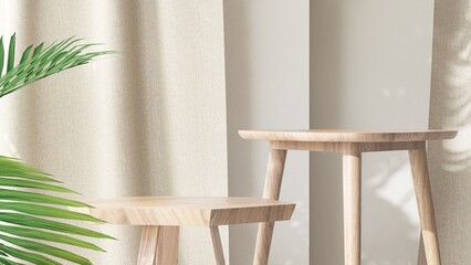 Two wooden geometric shape brown chairs, different height in sunlight on palm leaf, beige curtain...