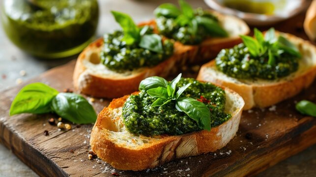  a wooden cutting board topped with slices of bread covered in pesto and breadcrumbs on top of a wooden cutting board.