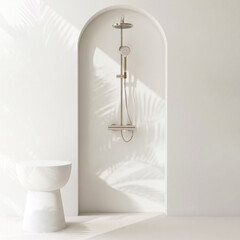 Modern side table podium in bathroom, rain shower in sunlight, palm tree leaf shadow on wall arch...