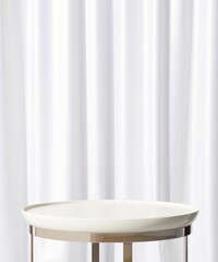 Empty modern white podium side table, shiny gold steel leg, curtain drapes in sunlight for luxury...
