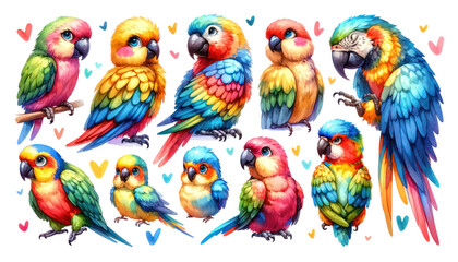 set of watercolor cute Parrot isolated on white background