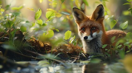  a close up of a fox in the grass near a body of water with trees and plants in the background.