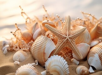 Fototapeta na wymiar Sea shells and starfish on sandy beach, closeup. Summer vacation