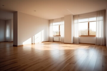 Fototapeta na wymiar Interior of empty spacious living room with white walls and laminated floor.