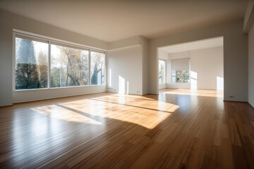 Fototapeta premium Interior of empty spacious living room with white walls and laminated floor.