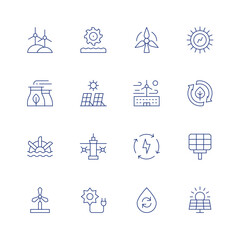 Renewable energy line icon set on transparent background with editable stroke. Containing wind power, hydro power, factory, solar panel, water mill, tidal power, windmill, solar energy, wind energy. - obrazy, fototapety, plakaty