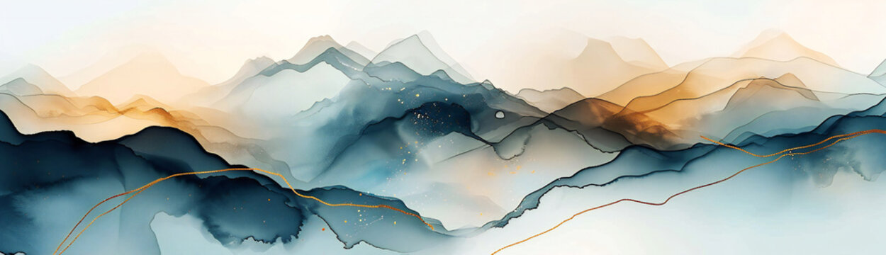 Abstract watercolor colorful illustration of mountain hills on white background.