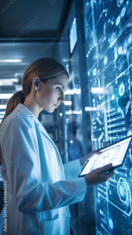 Poster closeup of a beautiful microbiologist woman using a tablet computer to study viruses, dna analysis i
