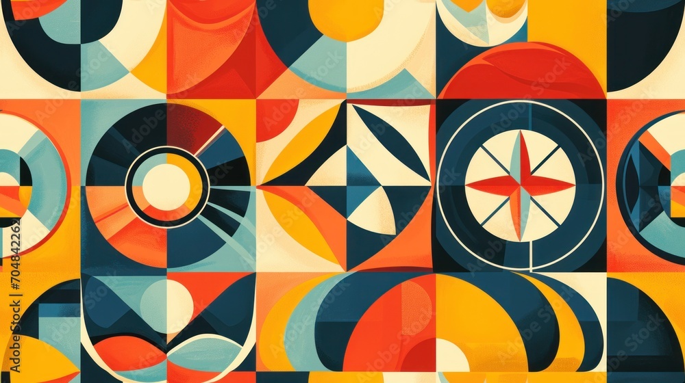 Poster a multicolored abstract painting with circles and a star in the middle of the circle and a star in t