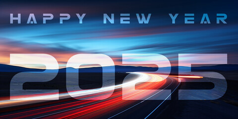 modern new year 2025 card design, illuminated highway landscape with colorful motion lines 