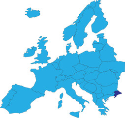 Dark blue CMYK national map of TURKEY/TURKIYE inside simplified blue blank political map of European continent on transparent background using Peters projection