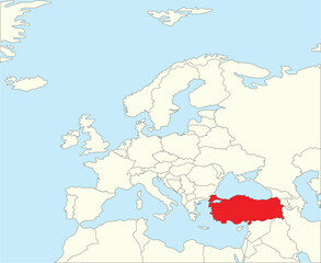 Red CMYK national map of TURKEY/TURKIYE inside simplified beige blank political map of European continent on blue background using Winkel Tripel projection
