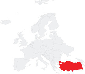 Red CMYK national map of TURKEY/TURKIYE inside gray blank political map of European continent on transparent background using Robinson projection
