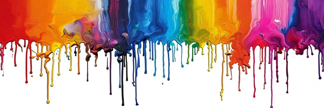 Colorful paint dripping isolated on white. Rainbow colored paint dripping on white background.