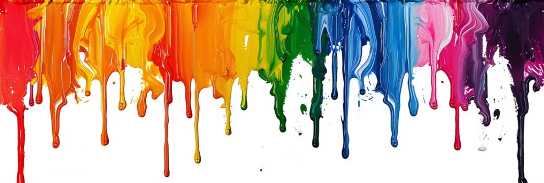 Colorful paint dripping isolated on white. Rainbow colored paint dripping on white background.