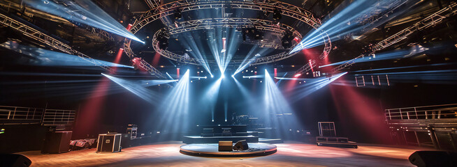 live stage production. Empty Concert Stage in a Night Club. Empty stage with blue spotlights.