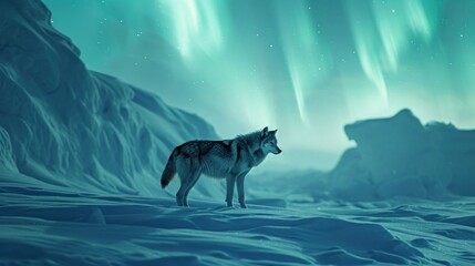  a wolf standing on top of a snow covered slope under a green and blue sky with aurora lights in the background.