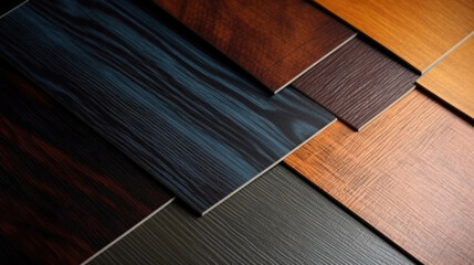 Samples of laminate and vinyl floor tile on black wooden background. Top view