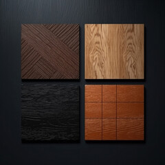 Samples of laminate and vinyl floor tile on black wooden background. Top view