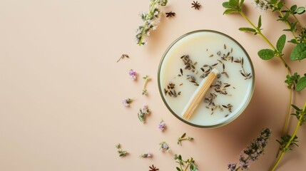  a glass of milk with a wooden stick sticking out of it surrounded by wildflowers on a pink background.