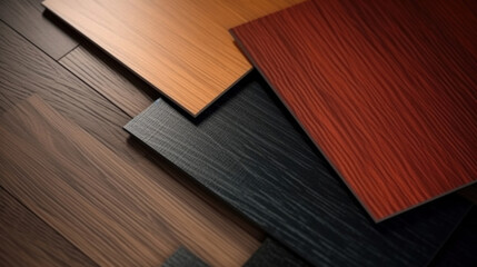 Naklejka na ściany i meble Samples of laminate and vinyl floor tile on black wooden background. Top view