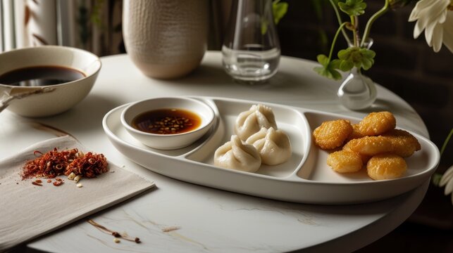  a white plate topped with dumplings next to a bowl of dipping sauce and a cup of coffee on a table.