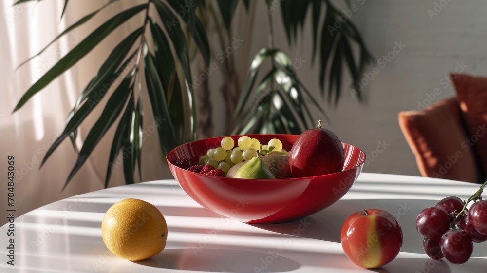 Poster a red bowl filled with fruit sitting on top of a table next to a lemon and a cherry on top of a tabl