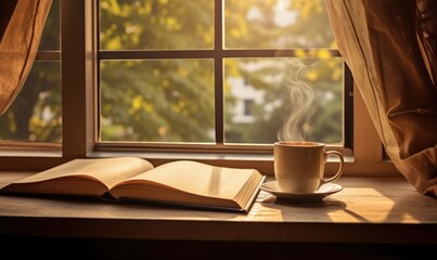 A picture of coffee on the desk under the window, a book spread out and curtains blowing in the wind. - obrazy, fototapety, plakaty