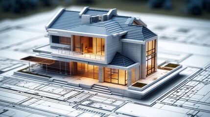 A 3D architectural model of a house over blueprints. - obrazy, fototapety, plakaty