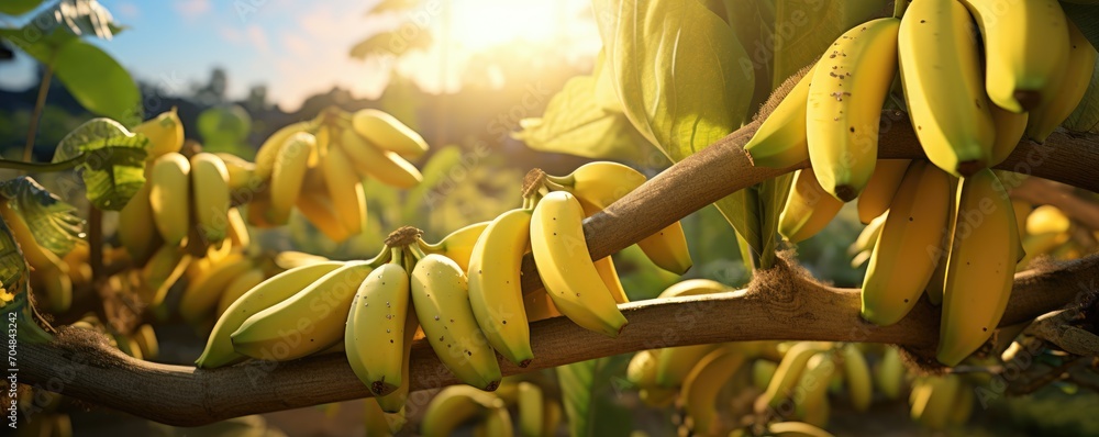 Wall mural Bunches of bananas on amazing sunny banana plantation.