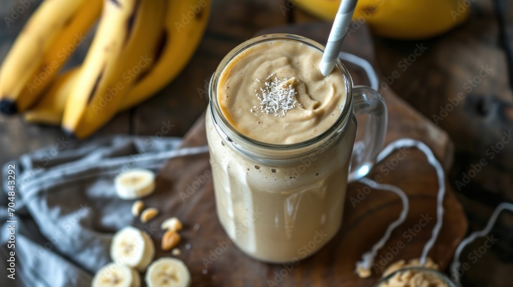 Poster a smoothie in a mason jar with a straw in it and bananas on the side of the mason jar.