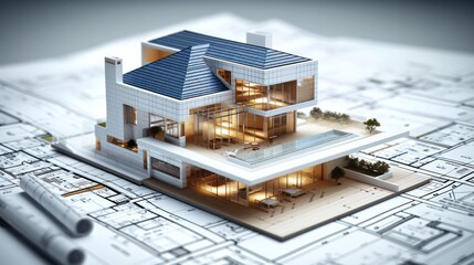 A 3D architectural model of a house over blueprints.