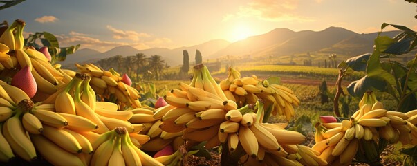 Bunches of bananas on amazing sunny banana plantation. - obrazy, fototapety, plakaty