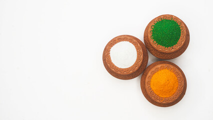 Tricolored rangoli in pots concept background, indian republic day and independence day