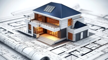 A 3D architectural model of a house over blueprints.