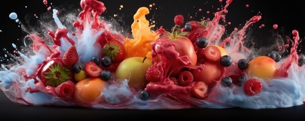 Amazing juicy fresh food explosion on black background. - obrazy, fototapety, plakaty