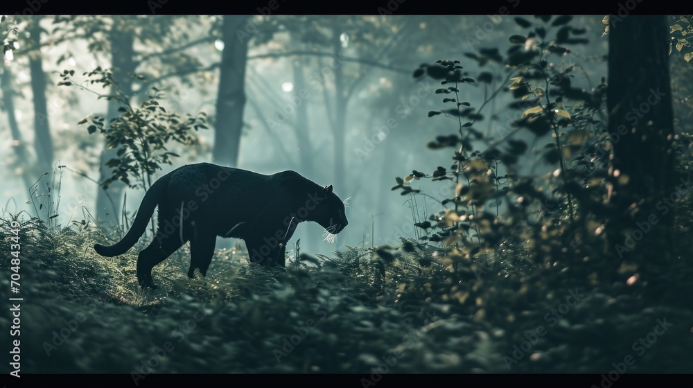 Poster a black panther walking through a forest on a foggy day with trees in the foreground and bushes in t
