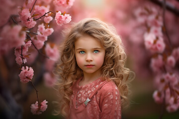 Fototapeta premium A little cute girl stands next to the flowering branches in the spring.