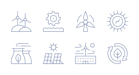 Renewable energy icons. Editable stroke. Containing wind power, hydro power, factory, solar panel, wind energy, solar energy, clean energy.