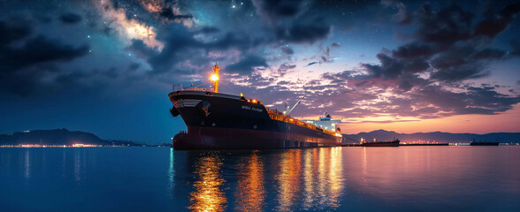 oil loading dock of business logistic sea going ship. crude oil tanker lpg ngv at night