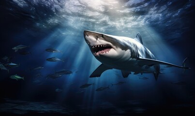 Bloodthirsty shark underwater ready to attack with dark and dramatic lighting.