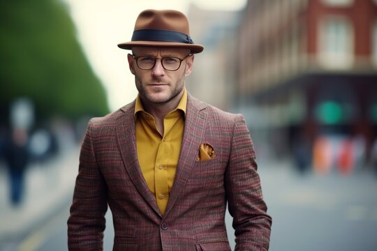 Portrait of a handsome man wearing a hat and glasses. Men's beauty, fashion.
