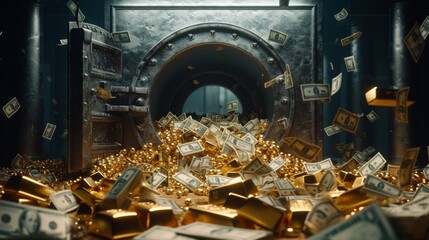 Fototapeta na wymiar A vault overflowing with gold bars and cash.