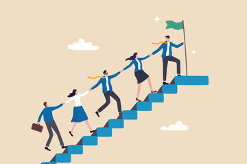 Team support help success, teamwork to progress and success together, company growth step or employee development, team achievement concept, business people team up holding hand help climb up stair. - 704843620