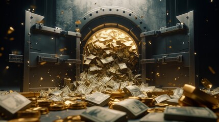 A vault overflowing with gold bars and cash. - obrazy, fototapety, plakaty