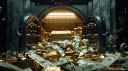 A vault overflowing with gold bars and cash. - obrazy, fototapety, plakaty